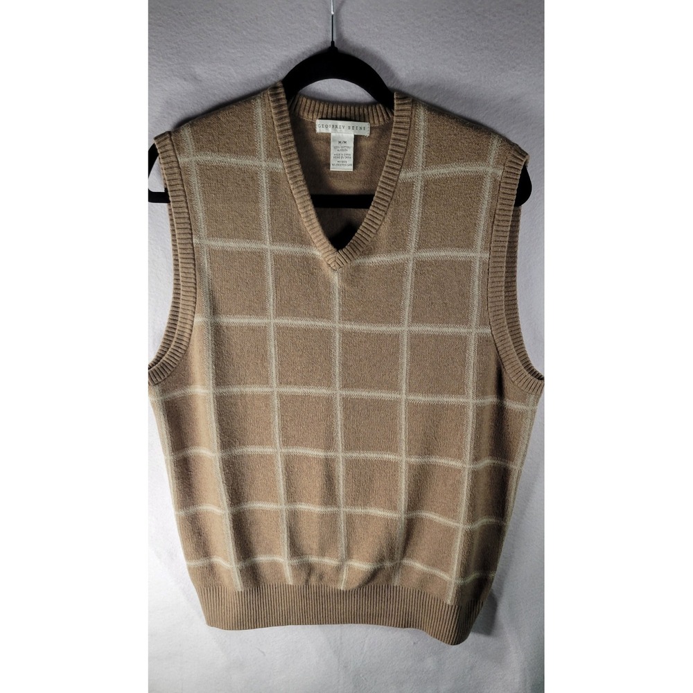 Geoffrey Beene Mens Tan Plaid V-Neck Sweater Vest Medium Cotton Pullover